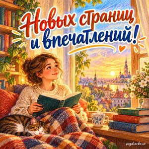 Всемирный день книги и авторского права — открытка «Новых страниц и впечатлений!» читатель у окна Всемирный день книги и авторского права — открытка «Новых страниц и впечатлений!» читатель у окна