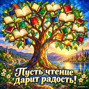 Всемирный день книги и авторского права — открытка «Пусть чтение дарит радость!» витражное дерево книг Всемирный день книги и авторского права — открытка «Пусть чтение дарит радость!» витражное дерево книг
