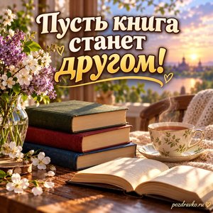 Всемирный день книги и авторского права — открытка «Пусть книга станет другом!» книги и чашка чая Всемирный день книги и авторского права — открытка «Пусть книга станет другом!» книги и чашка чая