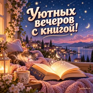 Всемирный день книги и авторского права — открытка «Уютных вечеров с книгой!» книга под звёздами Всемирный день книги и авторского права — открытка «Уютных вечеров с книгой!» книга под звёздами