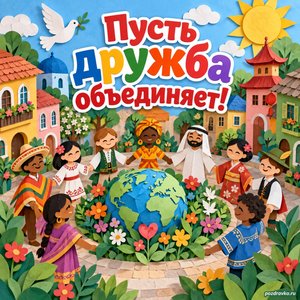 Всемирный день культурного разнообразия во имя диалога и развития — открытка «Пусть дружба объединяет!» бумажные разноцветные дома вокруг общего сада