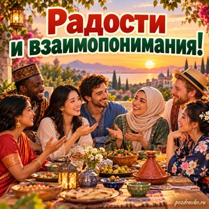 Всемирный день культурного разнообразия во имя диалога и развития — открытка «Радости и взаимопонимания!» друзья разных культур за общим столом без надписей