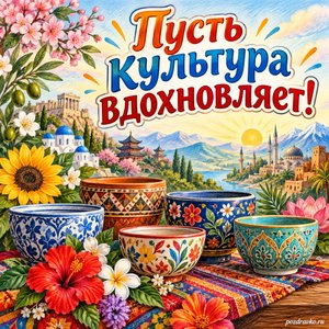 Всемирный день культурного разнообразия во имя диалога и развития — открытка «Пусть культура вдохновляет!» яркие керамические чаши и цветы