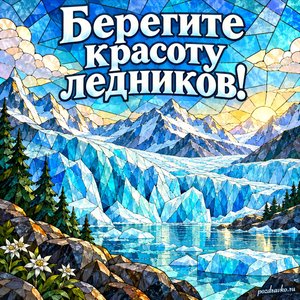 Всемирный день ледников — открытка «Берегите красоту ледников!» витражный горный пейзаж Всемирный день ледников — открытка «Берегите красоту ледников!» витражный горный пейзаж