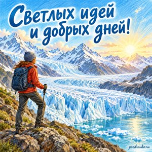 Всемирный день ледников — открытка «Светлых идей и добрых дней!» исследователь у ледника Всемирный день ледников — открытка «Светлых идей и добрых дней!» исследователь у ледника