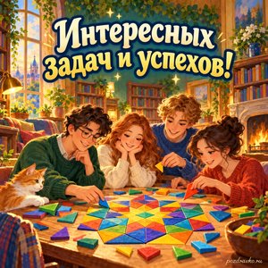 Всемирный день логики — открытка «Интересных задач и успехов!» с друзьями, собирающими красочную мозаику в уютной библиотеке