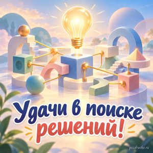 Всемирный день логики — открытка «Удачи в поиске решений!» со светящейся лампой над абстрактными соединёнными фигурами
