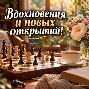 Всемирный день логики — открытка «Вдохновения и новых открытий!» с шахматами, чашкой чая и цветами на уютном столе