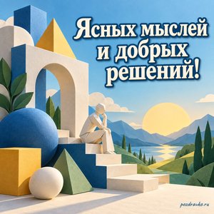 Всемирный день логики — открытка «Ясных мыслей и добрых решений!» с бумажными геометрическими фигурами, складывающимися в гармоничный узор