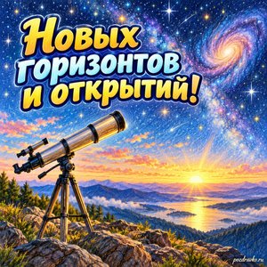 Всемирный день науки в интересах мира и развития — открытка «Новых горизонтов и открытий!» телескоп под звёздами
