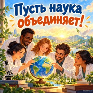 Всемирный день науки в интересах мира и развития — открытка «Пусть наука объединяет!» исследователи за моделью