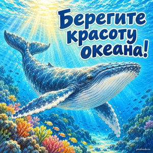 Всемирный день океанов — открытка «Берегите красоту океана!» кит в солнечной воде Всемирный день океанов — открытка «Берегите красоту океана!» кит в солнечной воде