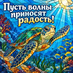 Всемирный день океанов — открытка «Пусть волны приносят радость!» витражная морская черепаха Всемирный день океанов — открытка «Пусть волны приносят радость!» витражная морская черепаха