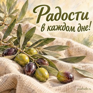 Всемирный день оливкового дерева — открытка «Радости в каждом дне!» оливки и листья на льняной ткани