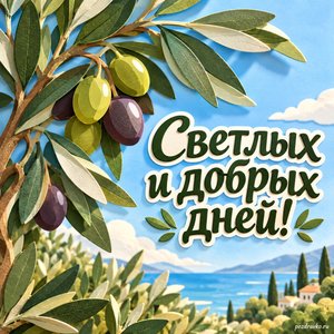 Всемирный день оливкового дерева — открытка «Светлых и добрых дней!» бумажная оливковая ветвь на небесно-голубом фоне