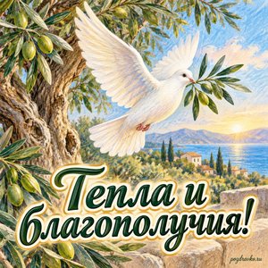 Всемирный день оливкового дерева — открытка «Тепла и благополучия!» белая птица с оливковой веточкой