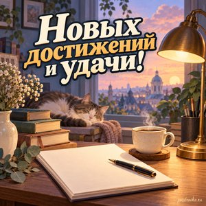 Всемирный день писателя — открытка «Новых достижений и удачи!» с настольной лампой, чашкой и чистой рукописью