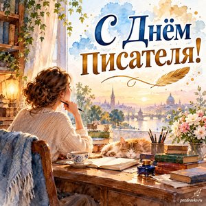 Всемирный день писателя — открытка «С Днём писателя!» с писателем у уютного рабочего стола