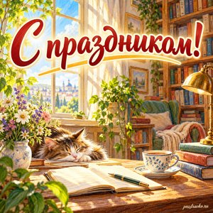 Всемирный день писателя — открытка «С праздником!» с домашней библиотекой и солнечным окном
