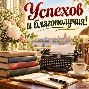 Всемирный день писателя — открытка «Успехов и благополучия!» с печатной машинкой и книгами