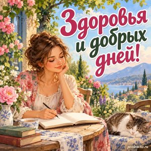 Всемирный день писателя — открытка «Здоровья и добрых дней!» с писательницей в саду с блокнотом без букв
