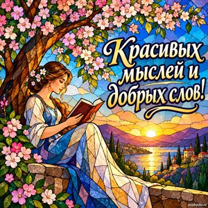 Всемирный день поэзии — открытка «Красивых мыслей и добрых слов!» читатель под цветущим деревом Всемирный день поэзии — открытка «Красивых мыслей и добрых слов!» читатель под цветущим деревом