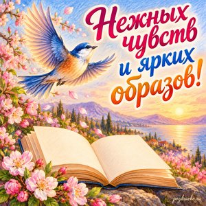 Всемирный день поэзии — открытка «Нежных чувств и ярких образов!» птица над раскрытой книгой Всемирный день поэзии — открытка «Нежных чувств и ярких образов!» птица над раскрытой книгой