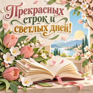 Всемирный день поэзии — открытка «Прекрасных строк и светлых дней!» книга и весенние цветы Всемирный день поэзии — открытка «Прекрасных строк и светлых дней!» книга и весенние цветы