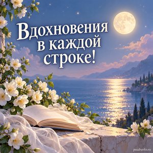 Всемирный день поэзии — открытка «Вдохновения в каждой строке!» лунная дорожка и белые цветы Всемирный день поэзии — открытка «Вдохновения в каждой строке!» лунная дорожка и белые цветы