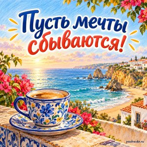 Всемирный день португальского языка — открытка «Пусть мечты сбываются!» керамическая чашка на фоне океанского берега Всемирный день португальского языка — открытка «Пусть мечты сбываются!» керамическая чашка на фоне океанского берега