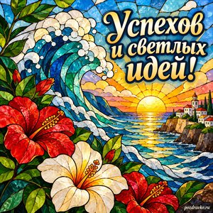 Всемирный день португальского языка — открытка «Успехов и светлых идей!» витражная океанская волна и крупные цветы Всемирный день португальского языка — открытка «Успехов и светлых идей!» витражная океанская волна и крупные цветы