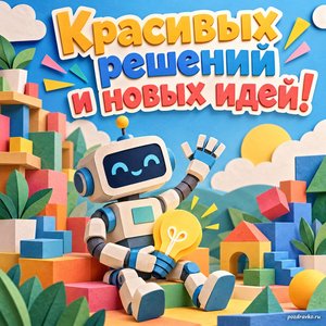 Всемирный день программирования — открытка «Красивых решений и новых идей!» с бумажным дружелюбным роботом и разноцветными блоками без знаков