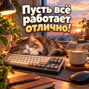 Всемирный день программирования — открытка «Пусть всё работает отлично!» с уютным рабочим столом, чашкой кофе и клавиатурой без надписей