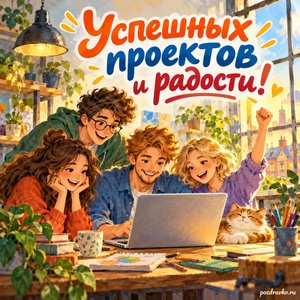 Всемирный день программирования — открытка «Успешных проектов и радости!» с командой друзей у ноутбука без текста в светлой мастерской