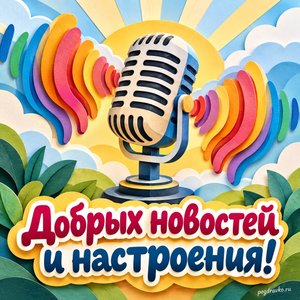 Всемирный день радио — открытка «Добрых новостей и настроения!» с бумажным микрофоном и разноцветными звуковыми волнами без знаков