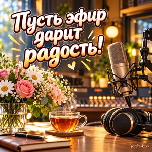 Всемирный день радио — открытка «Пусть эфир дарит радость!» с микрофоном, чашкой чая и цветами на уютном студийном столе