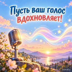 Всемирный день радио — открытка «Пусть ваш голос вдохновляет!» со светящимися звуковыми волнами и маленькими звёздами