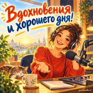 Всемирный день радио — открытка «Вдохновения и хорошего дня!» с дружелюбным ведущим у микрофона без вывесок и надписей