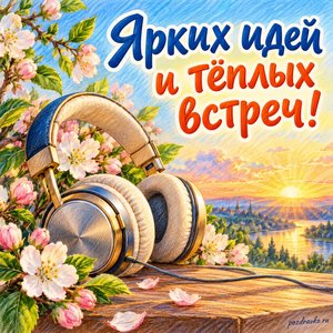 Всемирный день радио — открытка «Ярких идей и тёплых встреч!» с наушниками и нежными цветущими веточками