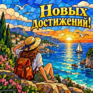 Всемирный день туризма — открытка «Новых достижений!» с путешественником на фоне мирного морского берега