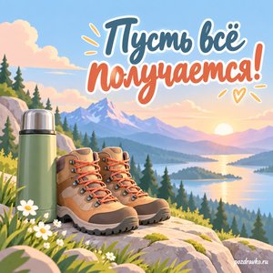 Всемирный день туризма — открытка «Пусть всё получается!» с термосом и походными ботинками