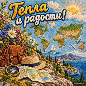 Всемирный день туризма — открытка «Тепла и радости!» с картой без подписей и букетом полевых цветов