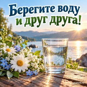 Всемирный день водных ресурсов — открытка «Берегите воду и друг друга!» стакан воды и цветы Всемирный день водных ресурсов — открытка «Берегите воду и друг друга!» стакан воды и цветы