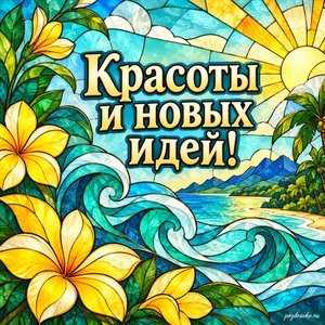 Всемирный день языка суахили — открытка «Красоты и новых идей!» крупные бирюзовые волны и жёлтые лепестки Всемирный день языка суахили — открытка «Красоты и новых идей!» крупные бирюзовые волны и жёлтые лепестки