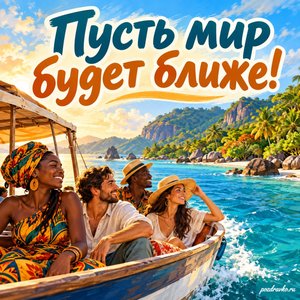Всемирный день языка суахили — открытка «Пусть мир будет ближе!» прогулочная лодка у зелёного побережья Всемирный день языка суахили — открытка «Пусть мир будет ближе!» прогулочная лодка у зелёного побережья