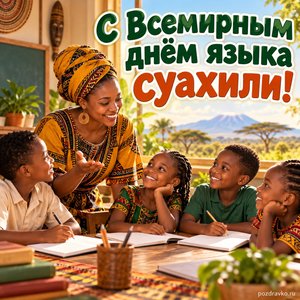 Всемирный день языка суахили — открытка «С Всемирным днём языка суахили!» учительница и ученики с чистыми тетрадями Всемирный день языка суахили — открытка «С Всемирным днём языка суахили!» учительница и ученики с чистыми тетрадями