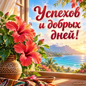 Всемирный день языка суахили — открытка «Успехов и добрых дней!» цветущий гибискус у открытого окна Всемирный день языка суахили — открытка «Успехов и добрых дней!» цветущий гибискус у открытого окна