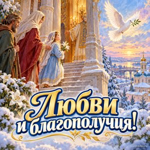 Введение во храм Пресвятой Богородицы — открытка «Любви и благополучия!» с голубем над зимним городом