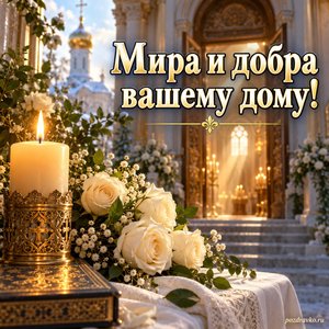 Введение во храм Пресвятой Богородицы — открытка «Мира и добра вашему дому!» с горящей свечой и белыми розами