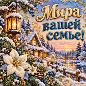 Введение во храм Пресвятой Богородицы — открытка «Мира вашей семье!» с уютным зимним домом и праздничными цветами